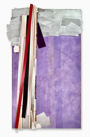 The Placement of Ever, 2023, canvas, metal, paper, fabric, wood, and acrylic on canvas , 66 x 40 x 5 inches