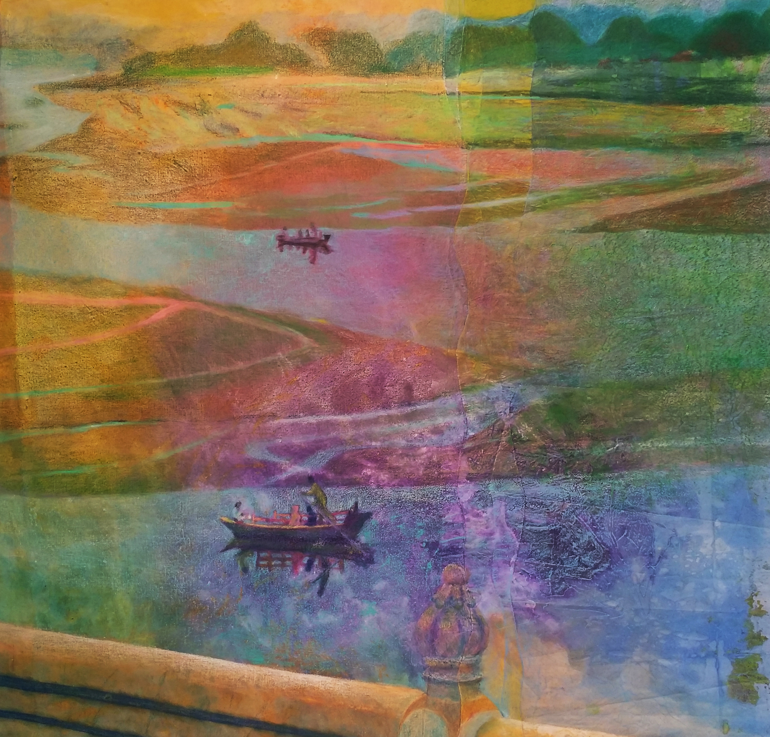 Boat at the Taj Mahal, Acrylic and Crayon on Canvas 44 h x 48 w, 2023